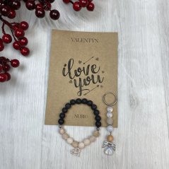 Geschenkkarte mit Armband und Schlüsselanhänger aus Lava und Aventurin - ein Geschenk zum Valentinstag