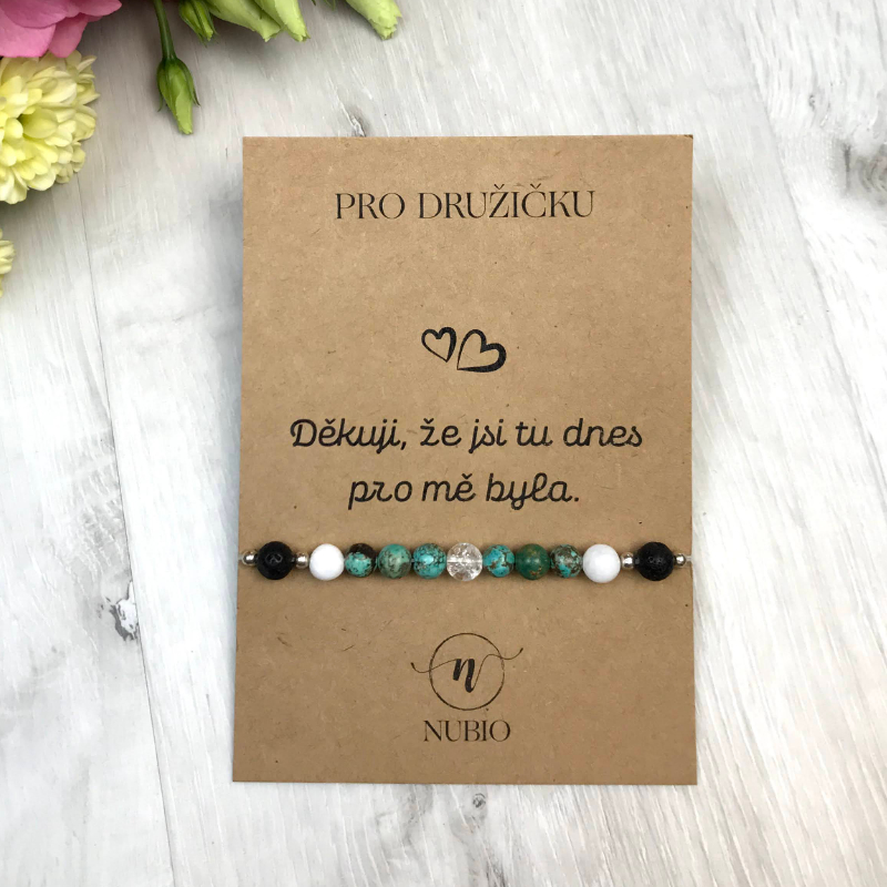 Geschenkkarte für die Brautjungfer - Armband aus Türkis, Lava, Nephrit und Kristall