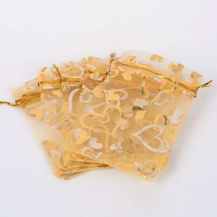 Organzové vrecúško zlaté so srdiečkom - 12x10cm