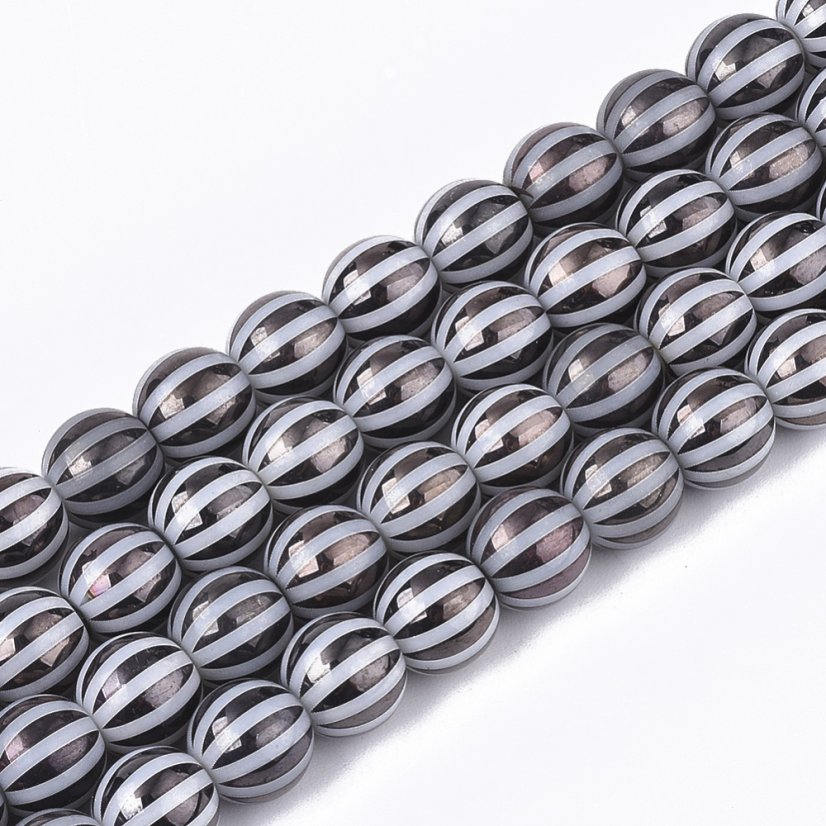 Pokovené skleněné korálky, tm. šedý proužek, 8 mm