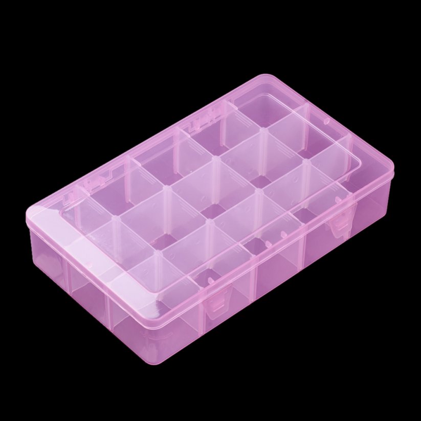 Plastový organizér na korálky - nastaviteľný 15 oddelení, ružový, 27.5x16.5x5.7cm