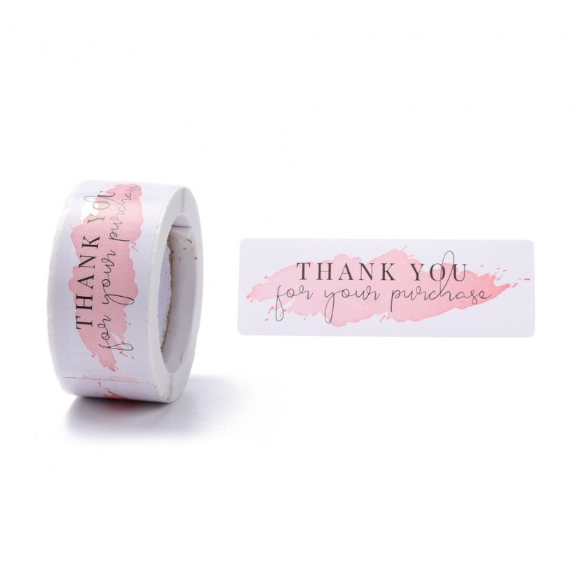 Nálepka "Thank you" biela s ružovým pozadím, 60x29 mm