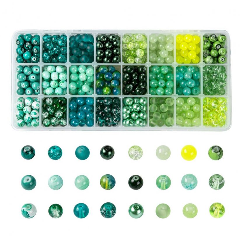 Sklenené korálky mix - 24 farieb, zelené, set 8 mm