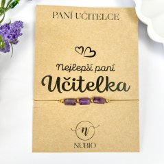 Dárková karta pro paní učitelku s náramkem s válečky z ametystu