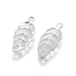 Prívesok z 304 ocele "lístok", strieborný, 13x5.5x0.3mm