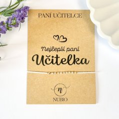 Dárková karta pro paní učitelku s náramkem z opalitu a skleněných korálků
