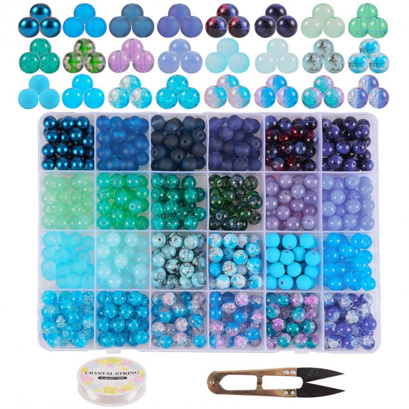 Skleněné korálky mix, modrá - 24 barev, 8 mm