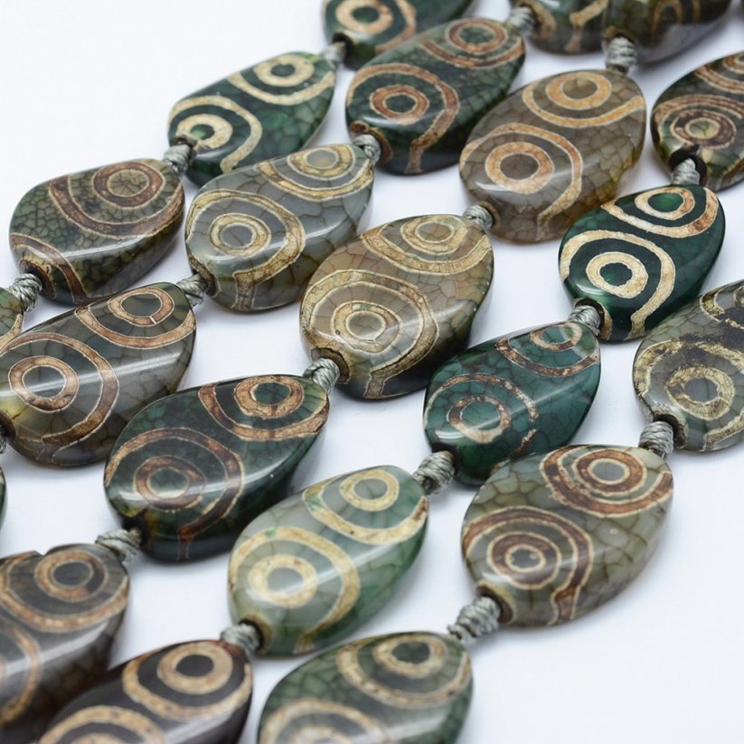 Naturachat - Tibetische ovale Dzi Perlen, braun-grün, 30~31x17~21x6~8mm