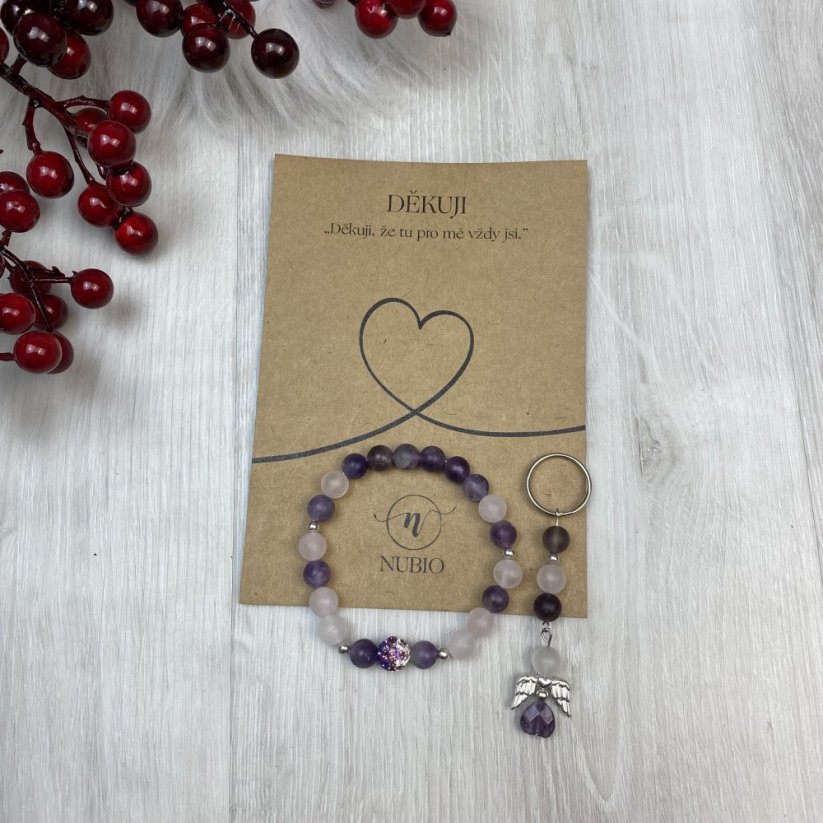 Geschenkkarte mit Armband und Schlüsselanhänger aus Amethyst, Achat und Rosenquarz - ein Geschenk zum Valentinstag