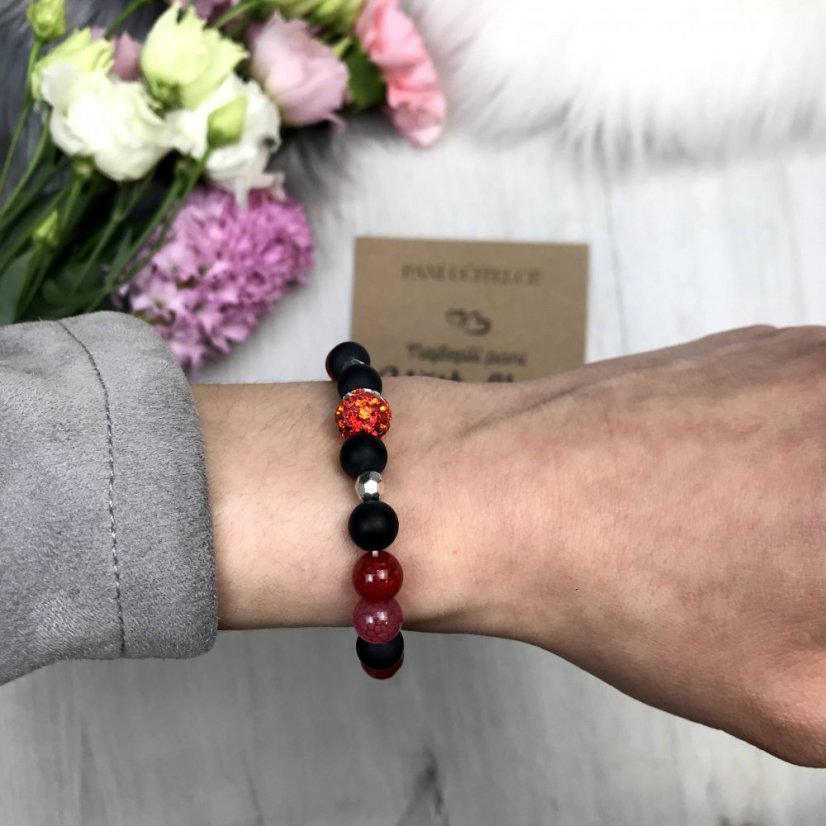 Ajándékkártya a tanárnak - fekete és vörös achátból készült karkötő shamballa labdával