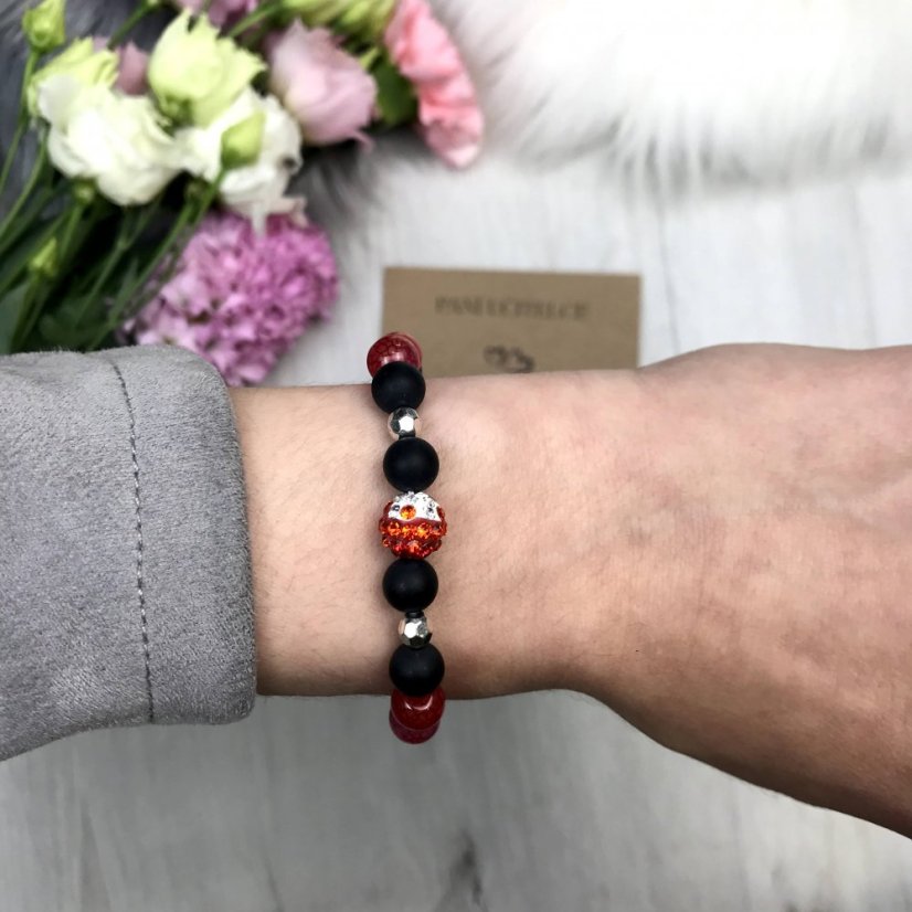 Ajándékkártya a tanárnak - fekete és vörös achátból készült karkötő shamballa labdával