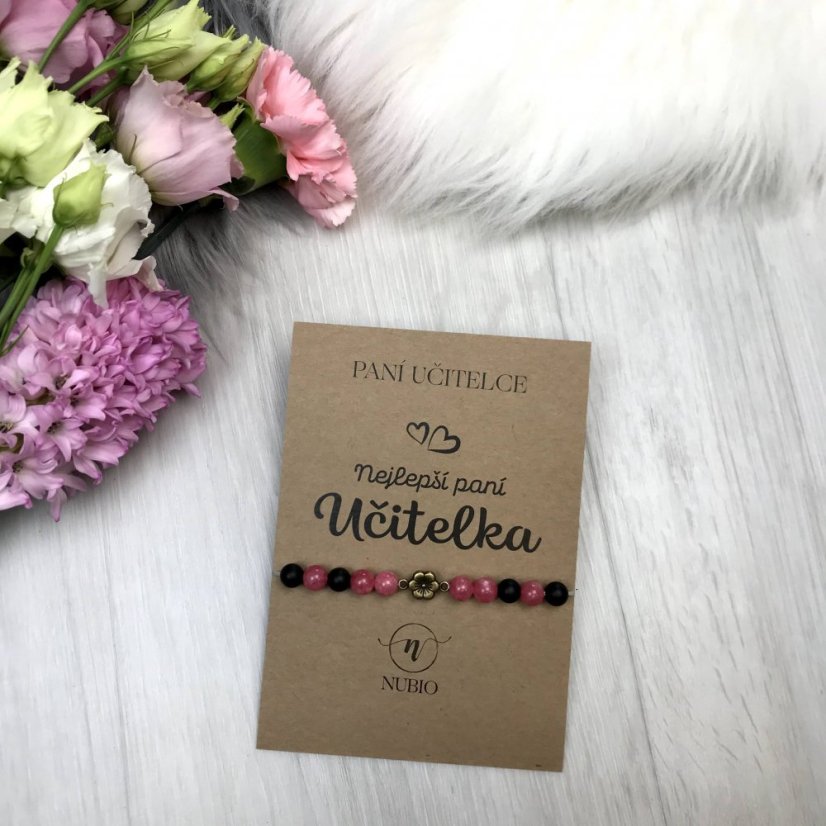Dárková karta pro paní učitelku - náramek z achátu a chalcedonu s kytičkou
