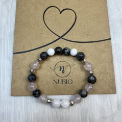 Geschenkkarte mit Armband aus Labradorit, Rosenquarz und Kristall