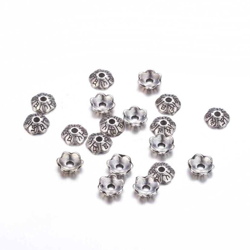 Fém gyöngykupak, virág, ezüst, 6x2 mm
