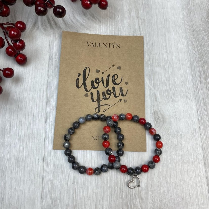 Dárková karta pro páry - náramky z labradoritu a achátu se srdíčkem
