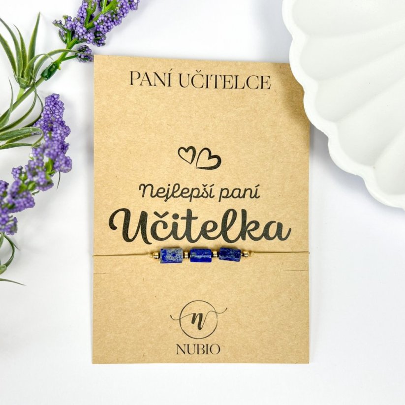 Dárková karta pro paní učitelku s náramkem s válečky z lapis lazuli