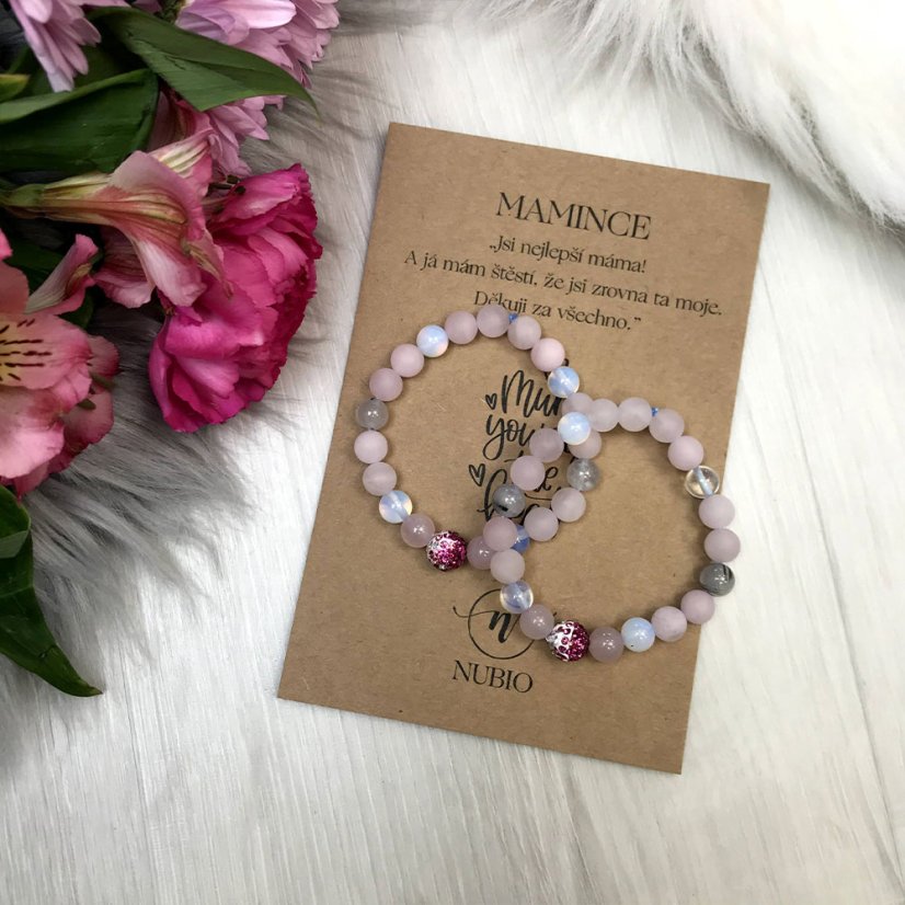 Rodinný náramek z růženínu, opalitu a křemenu s kuličkou