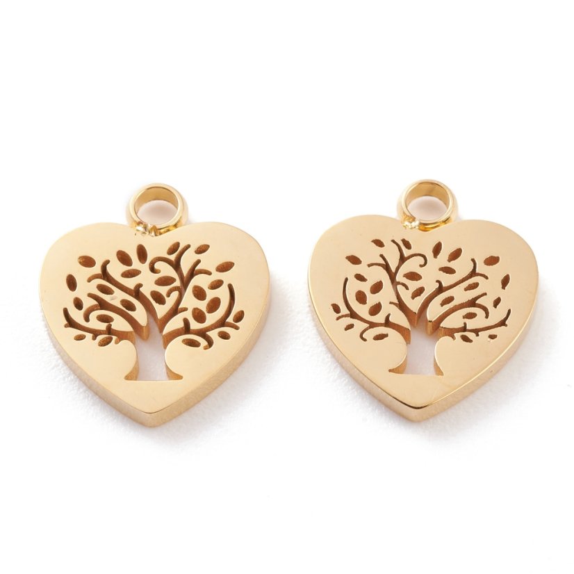 Prívesok z 304 ocele srdiečko so stromom života, zlatý, 12x11x5 mm