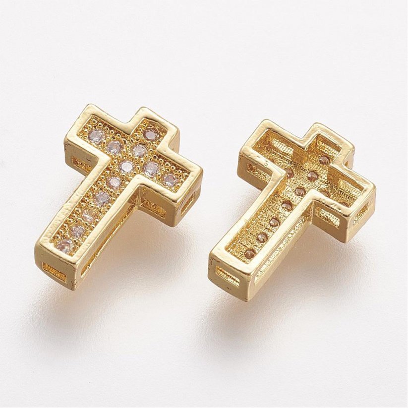 Zwischenteil aus Messing mit kubischem Zirkon, Kreuz, golden, 10,5x7,5x3mm
