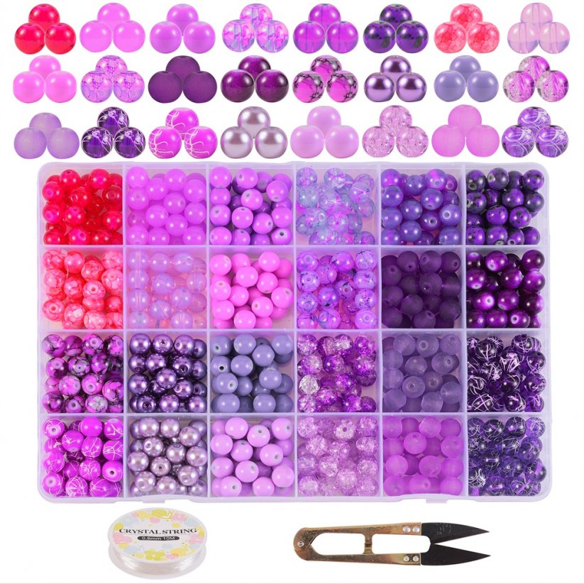 Skleněné korálky mix, fialová - 24 barev, 8 mm
