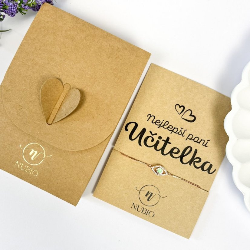 Dárková karta pro paní učitelku s bolo náramkem s okem života