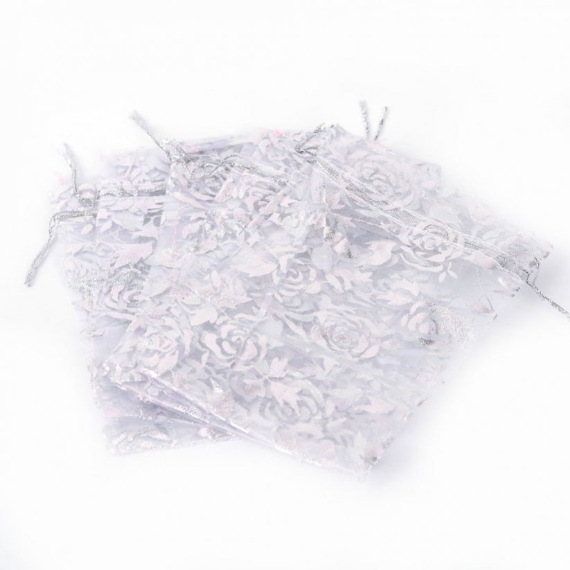 Ezüst organza táska virággal - 15x10cm