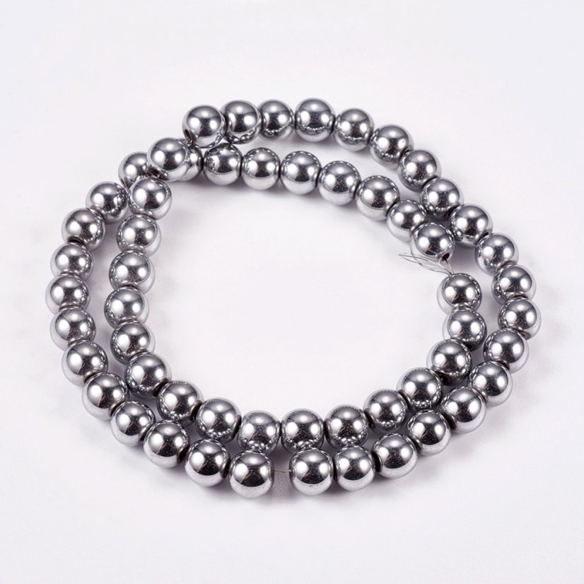 Szintetikus hematit - gyöngyök, bevonattal, A osztály, platina, 8 mm