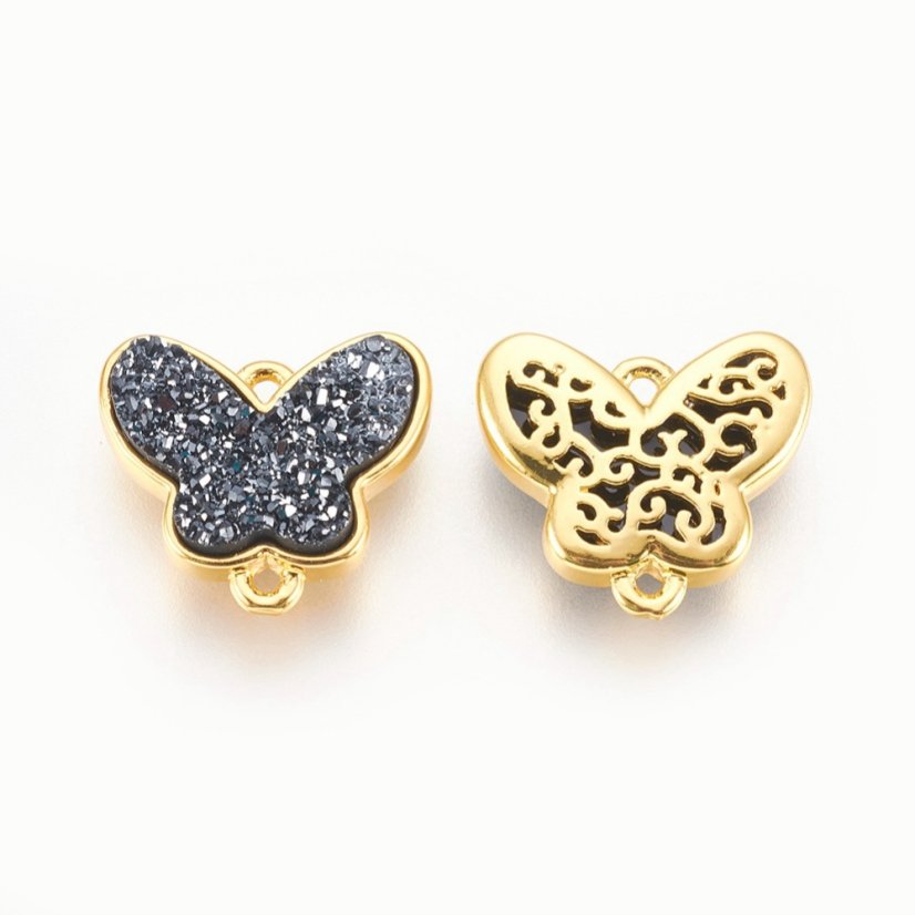 Mosazný mezidílek s broušenou pryskyřicí, motýlek, černý, 14x16x4 mm