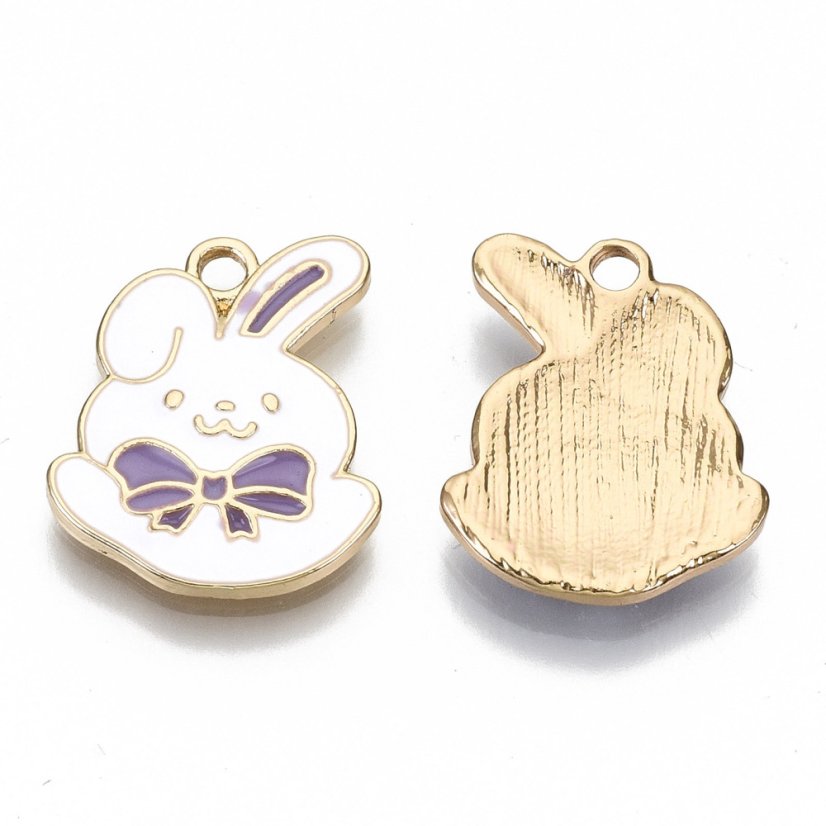 Fém függő nyuszi, fehér-lila, 20x15x2,5mm