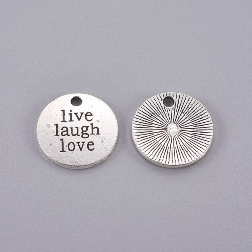 Kulatý přívěsek "žij, směj se, miluj", stříbrný, 20x2mm